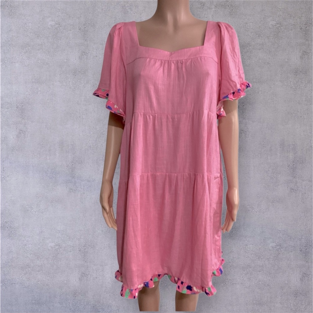Umgee NWOT Linen Blend Tiered Mixed Media Dress Ruffle Sleeve Size XL - Picture 3 of 9